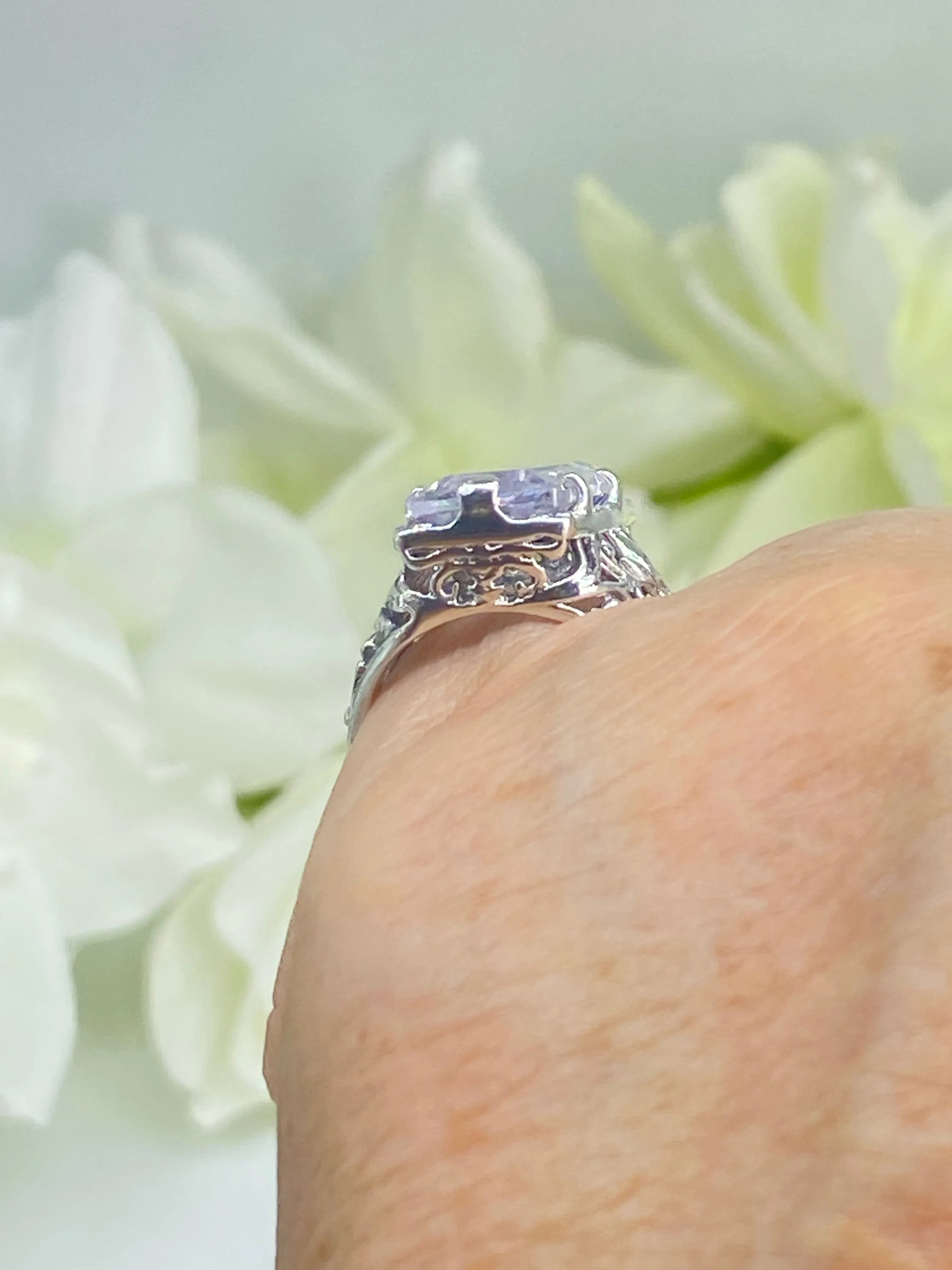 White CZ Ring, Size 5, Baguette Gem, Floral Leaf Filigree, Victorian Jewelry, D32 - Ready to Ship
