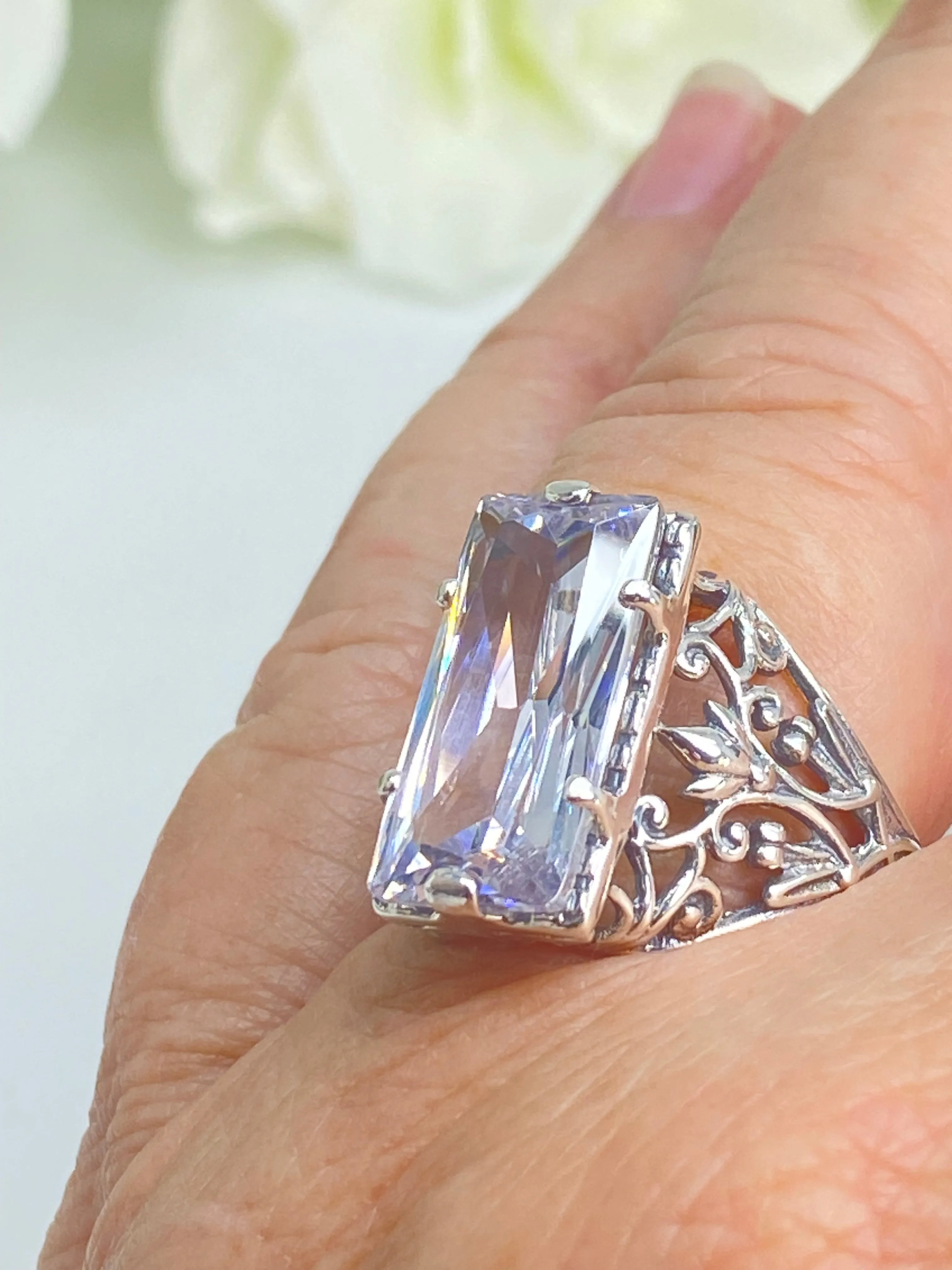 White CZ Ring, Size 5, Baguette Gem, Floral Leaf Filigree, Victorian Jewelry, D32 - Ready to Ship