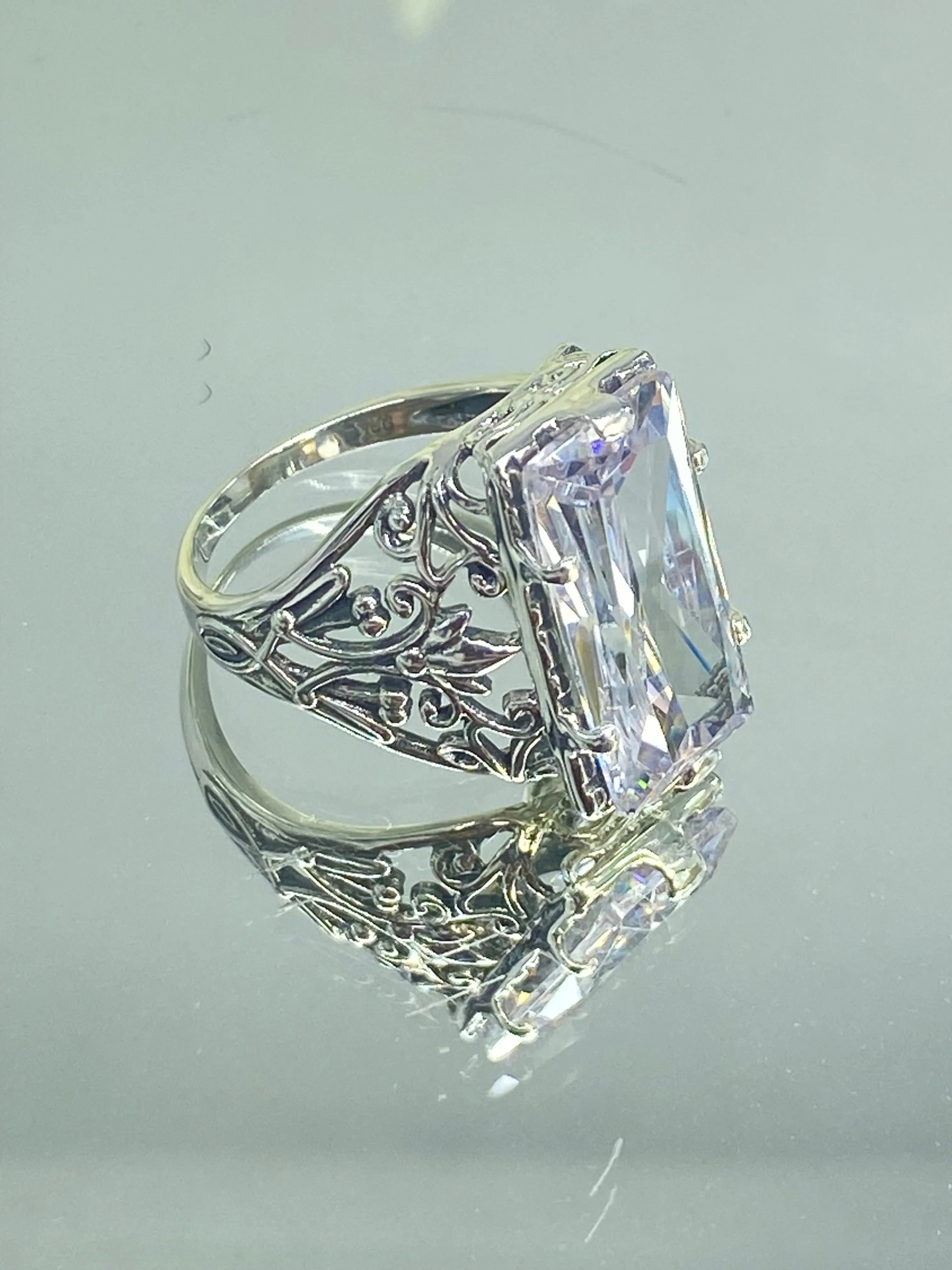 White CZ Ring, Size 5, Baguette Gem, Floral Leaf Filigree, Victorian Jewelry, D32 - Ready to Ship