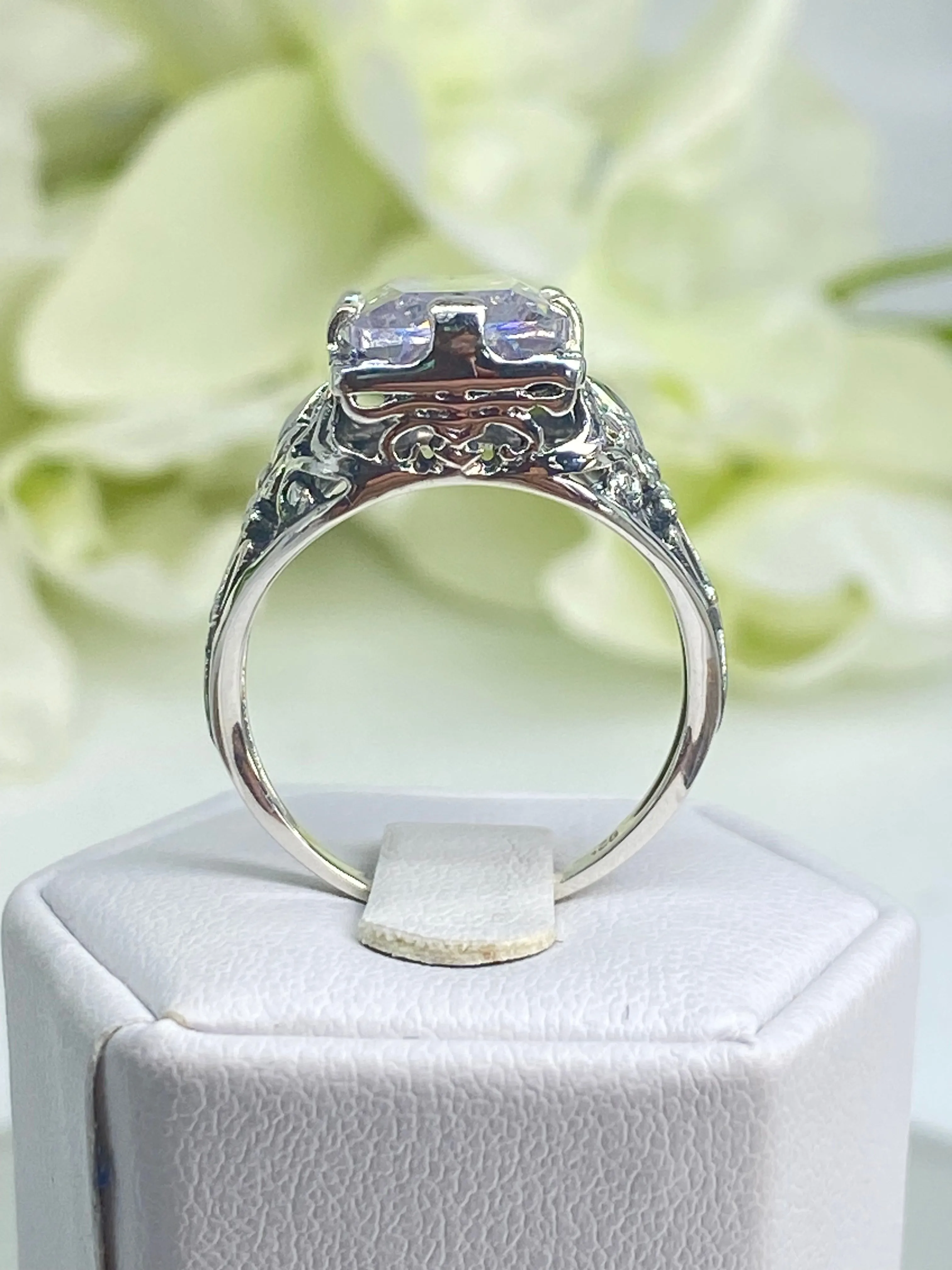 White CZ Ring, Size 5, Baguette Gem, Floral Leaf Filigree, Victorian Jewelry, D32 - Ready to Ship