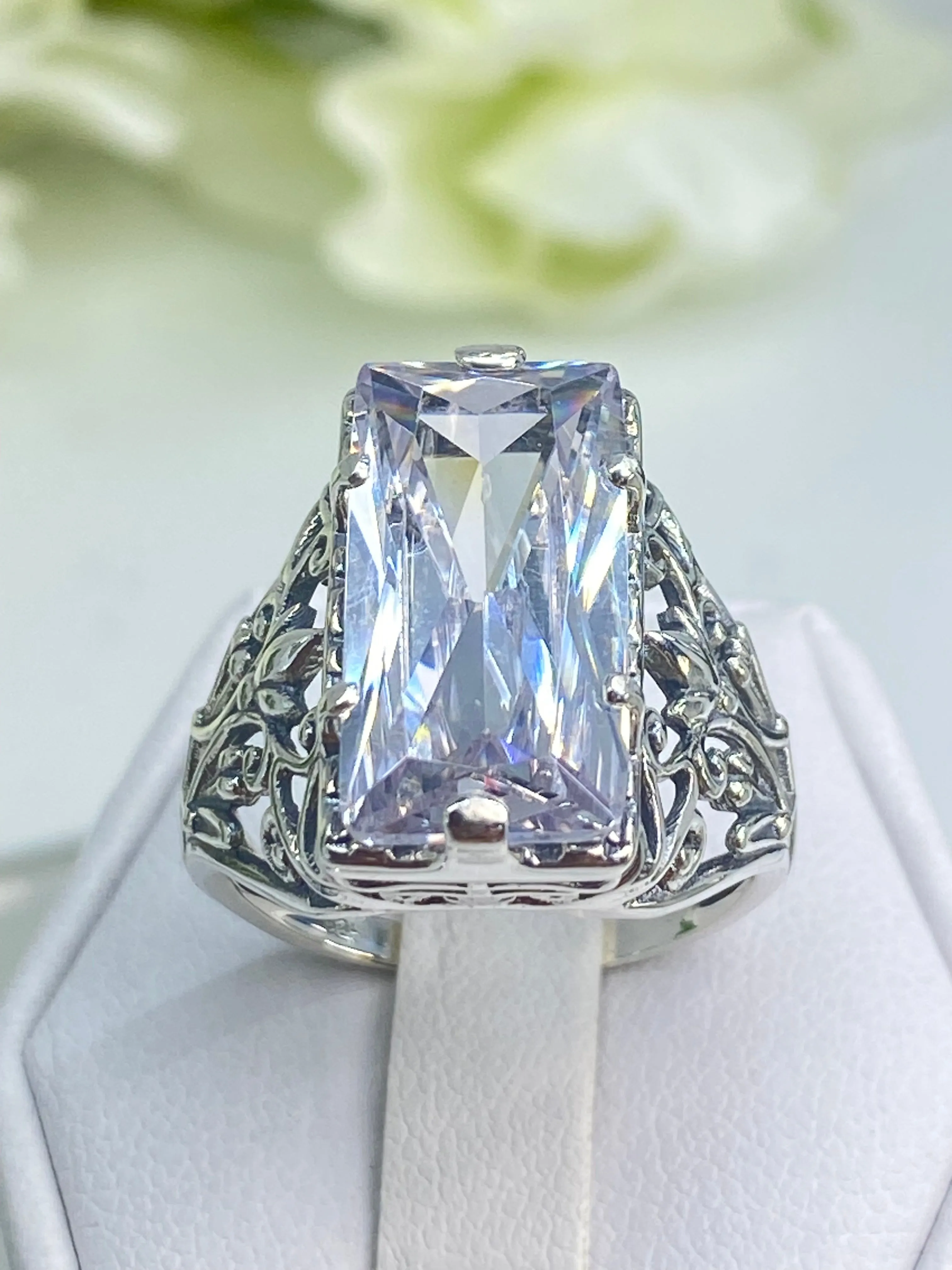 White CZ Ring, Size 5, Baguette Gem, Floral Leaf Filigree, Victorian Jewelry, D32 - Ready to Ship