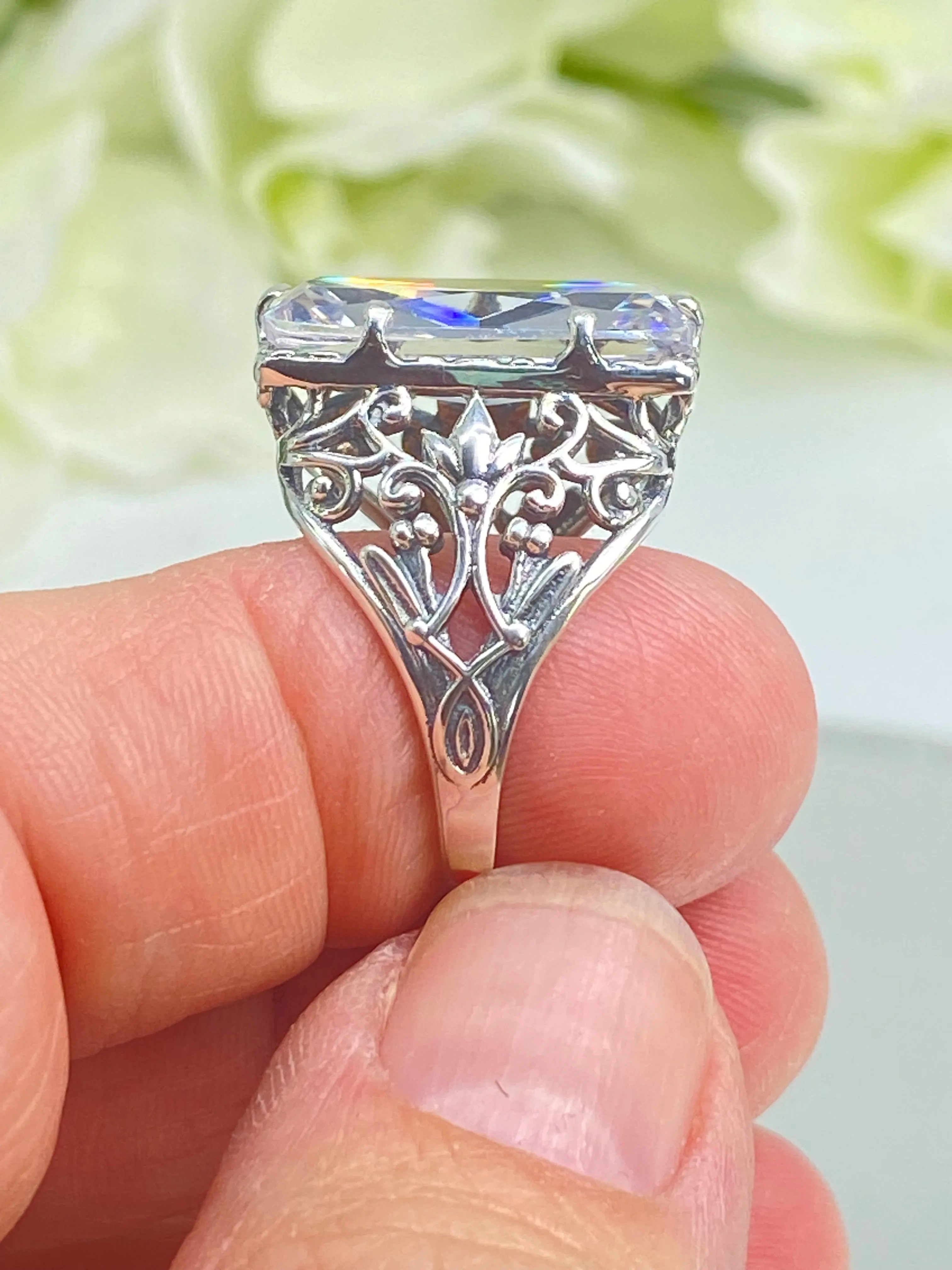 White CZ Ring, Size 5, Baguette Gem, Floral Leaf Filigree, Victorian Jewelry, D32 - Ready to Ship