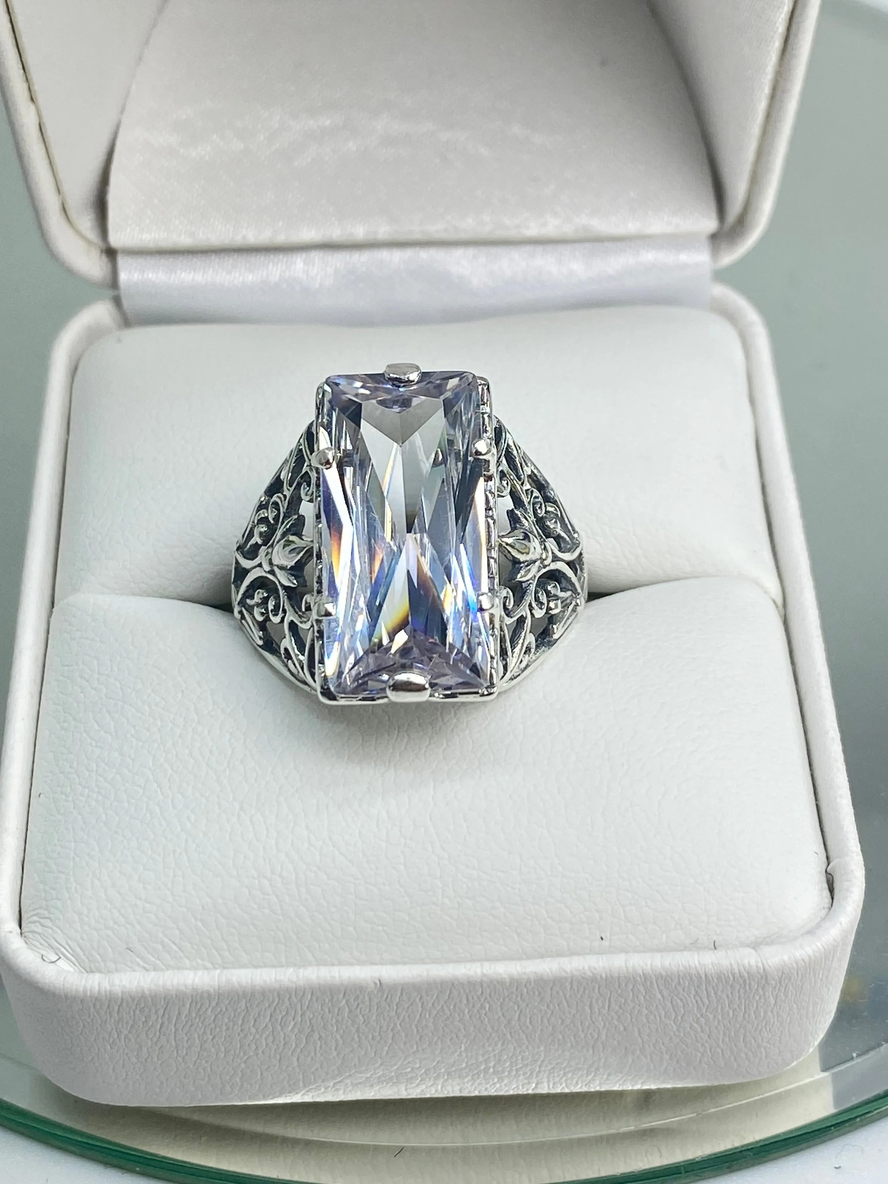 White CZ Ring, Size 5, Baguette Gem, Floral Leaf Filigree, Victorian Jewelry, D32 - Ready to Ship