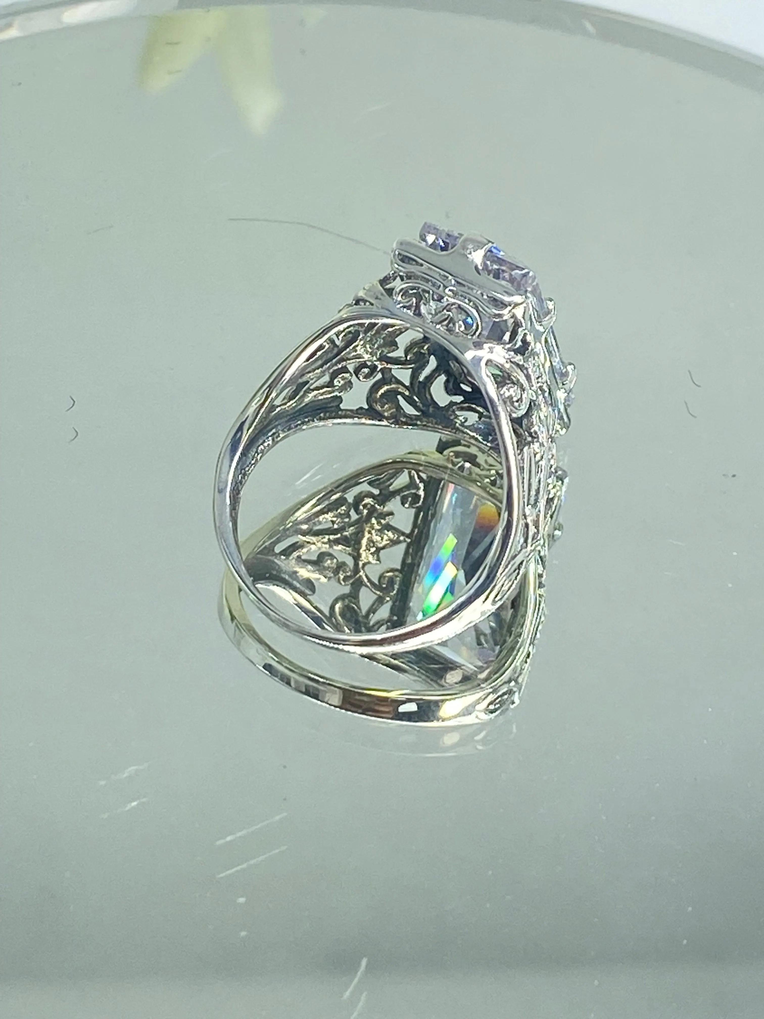 White CZ Ring, Size 5, Baguette Gem, Floral Leaf Filigree, Victorian Jewelry, D32 - Ready to Ship