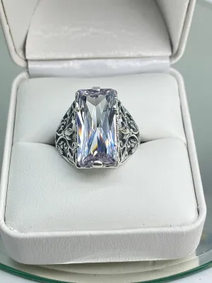 White CZ Ring, Size 5, Baguette Gem, Floral Leaf Filigree, Victorian Jewelry, D32 - Ready to Ship