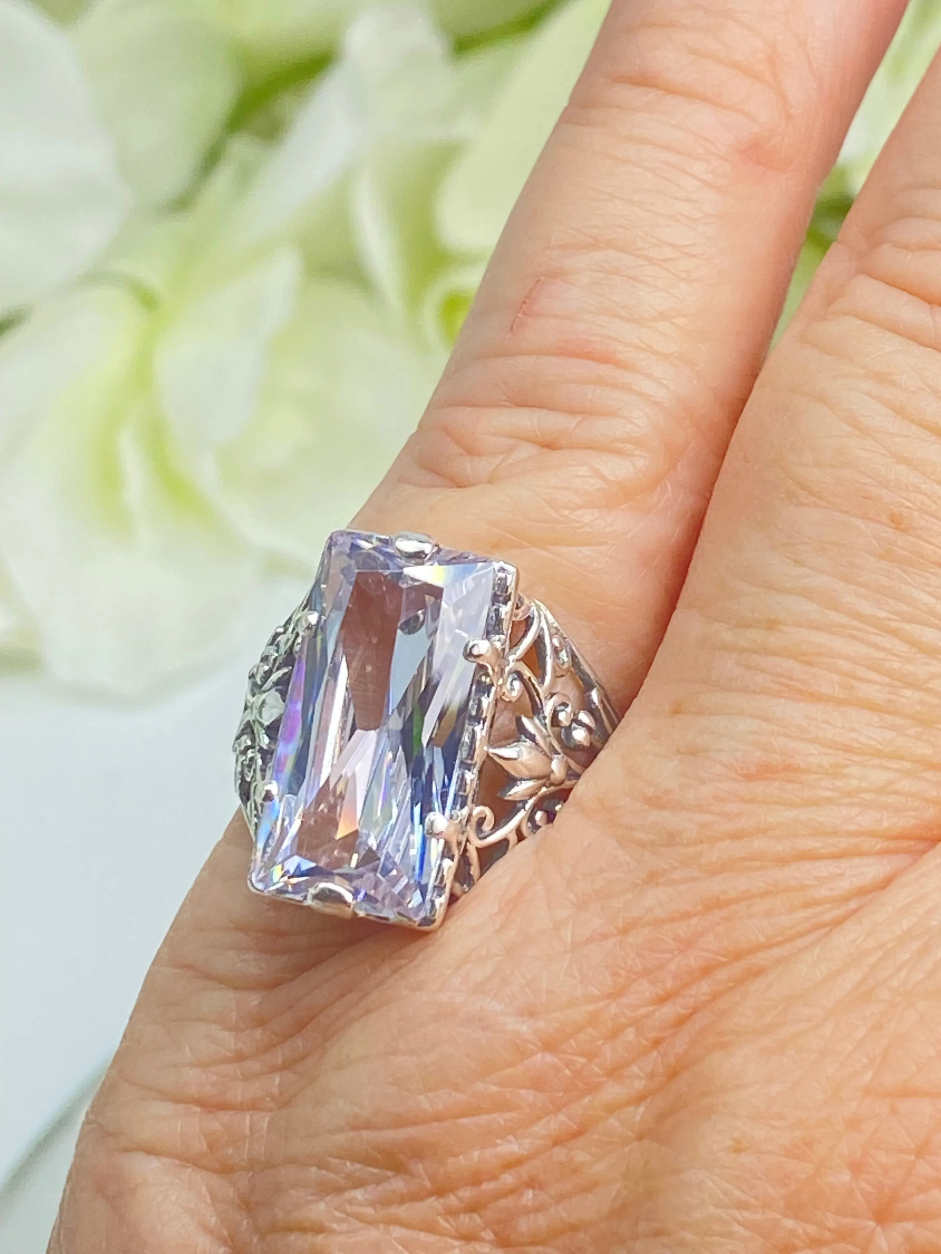 White CZ Ring, Size 5, Baguette Gem, Floral Leaf Filigree, Victorian Jewelry, D32 - Ready to Ship