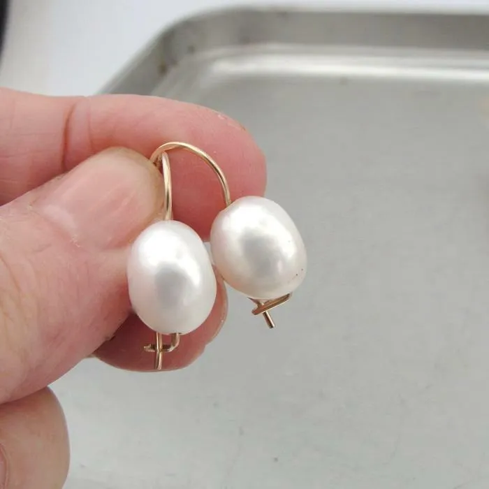 White Pearl Earrings Oval 14k Gold Fil Natural Handmade Hadar Designers (V)