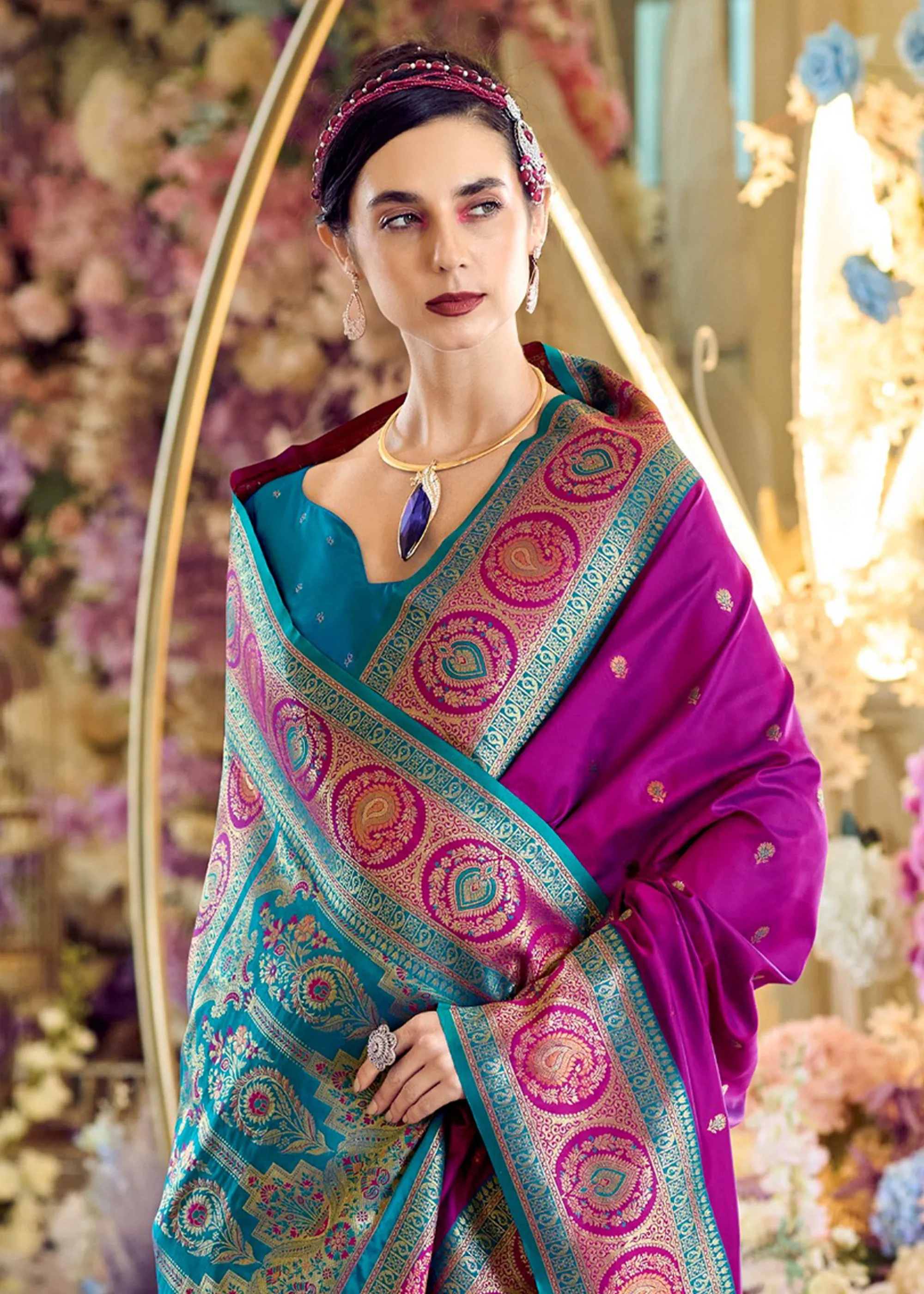 Wild Purple Woven Banarasi Silk Saree With Contrast Blouse