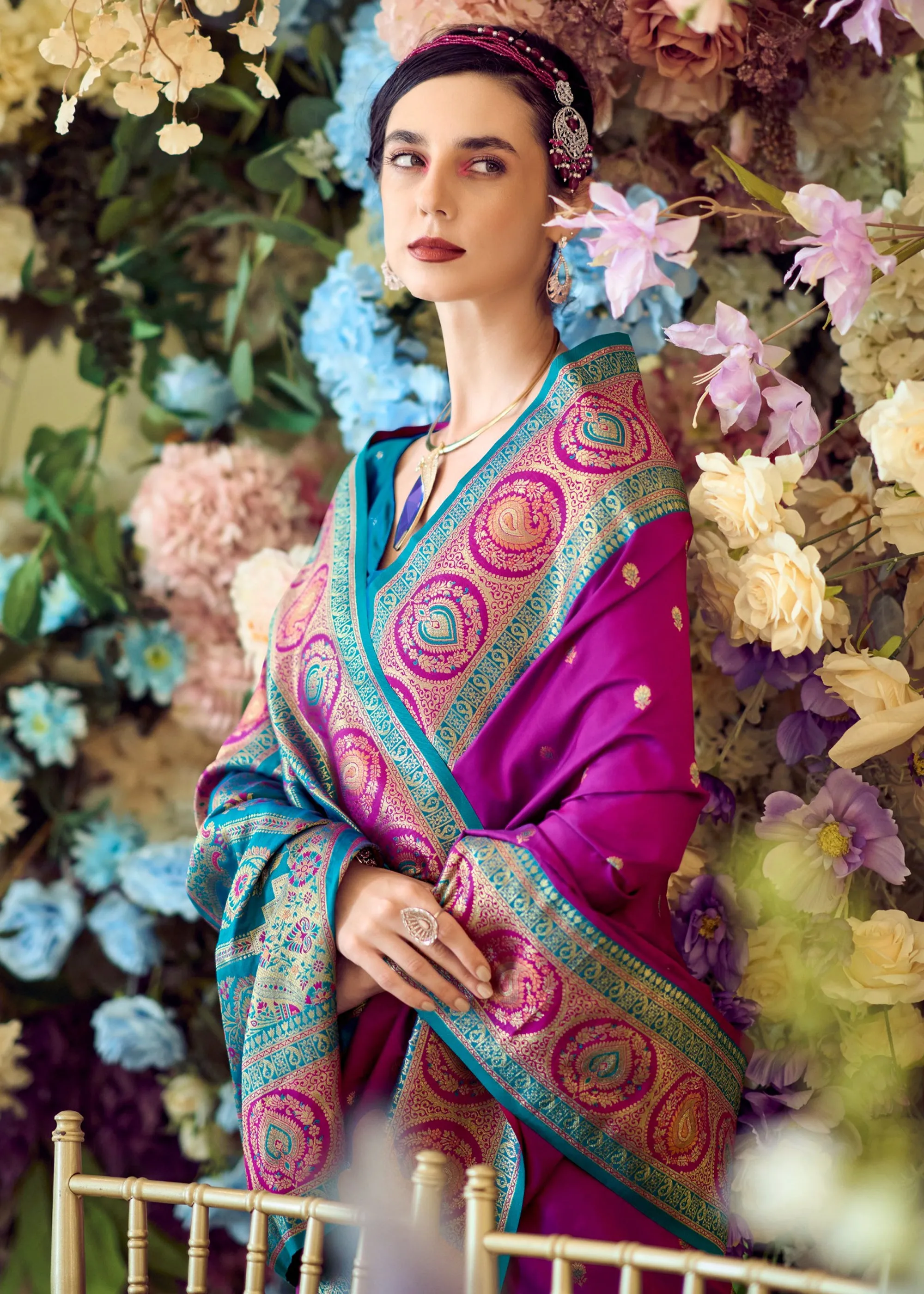 Wild Purple Woven Banarasi Silk Saree With Contrast Blouse
