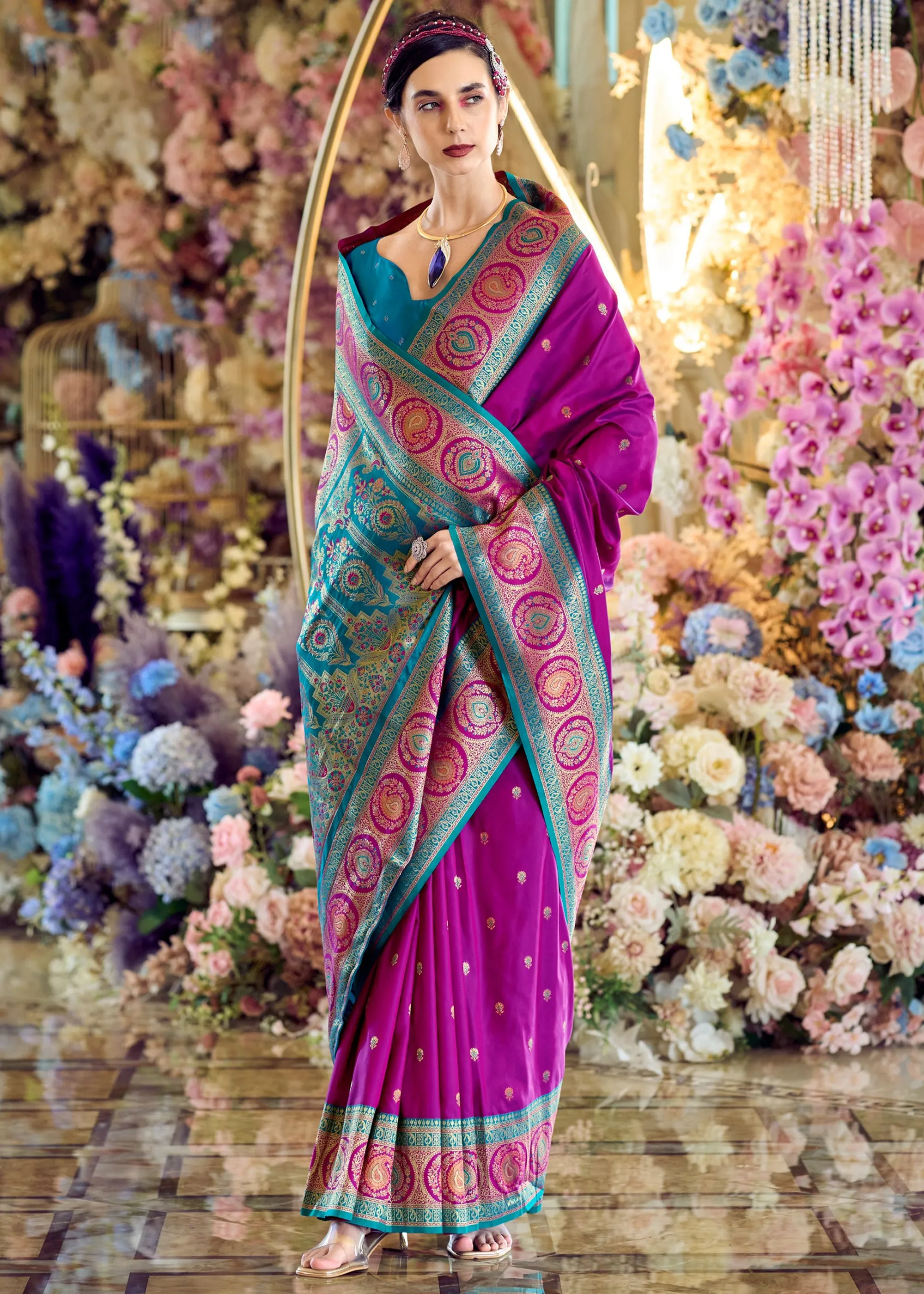 Wild Purple Woven Banarasi Silk Saree With Contrast Blouse