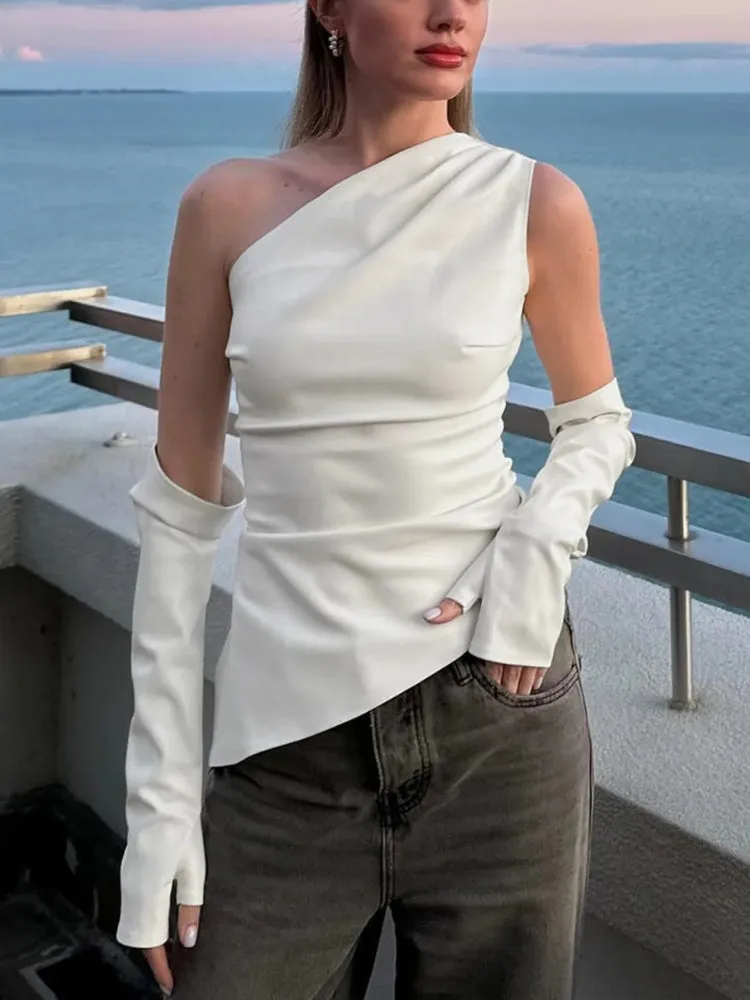 Y2K Faux Leather One Shoulder Top With Gloves
