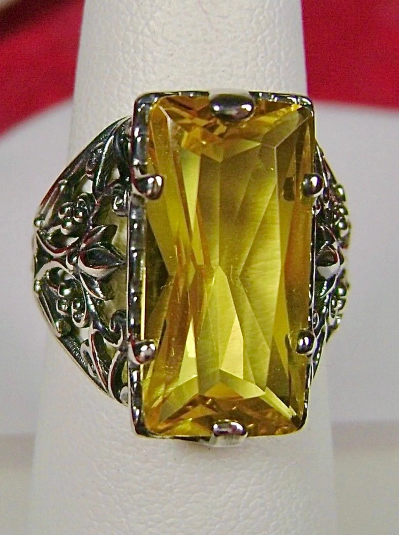 Yellow Citrine Ring, Baguette Gem, Floral Leaf Filigree, Victorian Jewelry, D32
