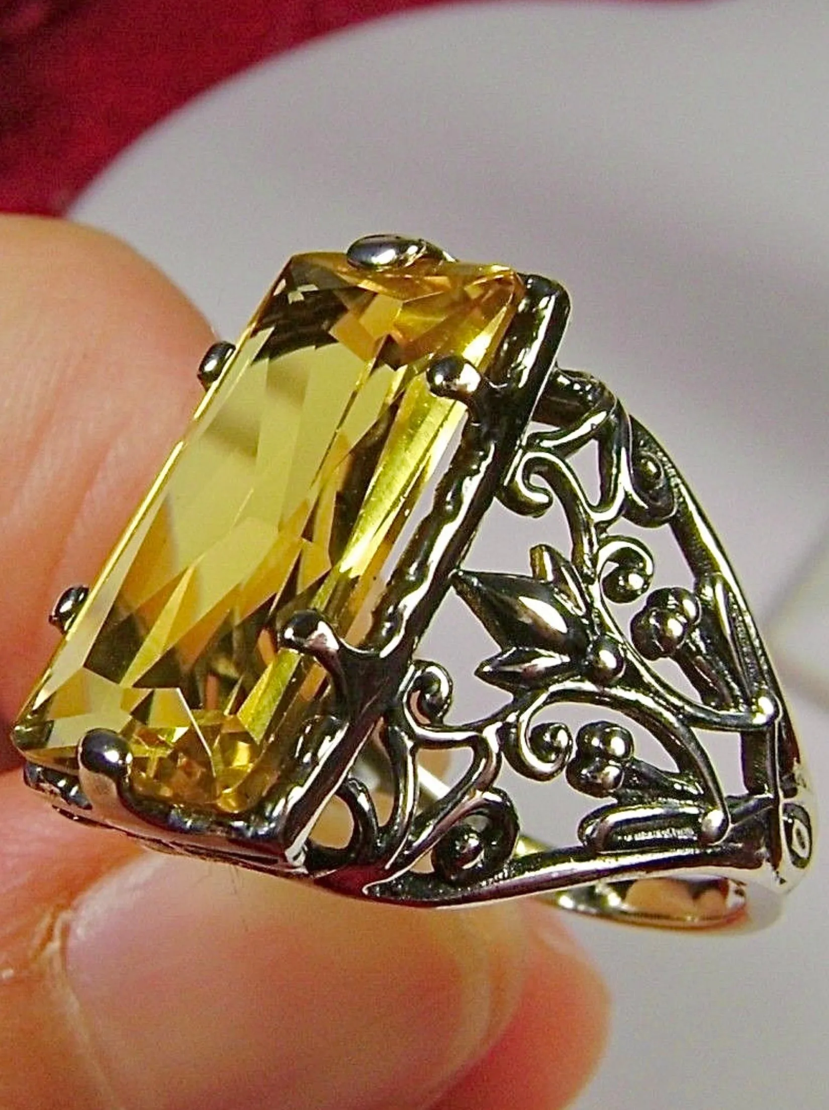 Yellow Citrine Ring, Baguette Gem, Floral Leaf Filigree, Victorian Jewelry, D32