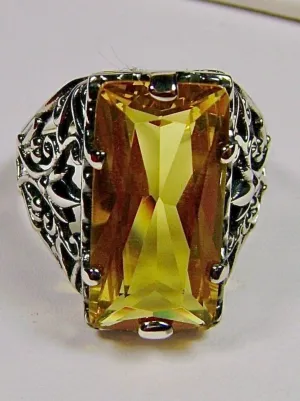 Yellow Citrine Ring, Baguette Gem, Floral Leaf Filigree, Victorian Jewelry, D32