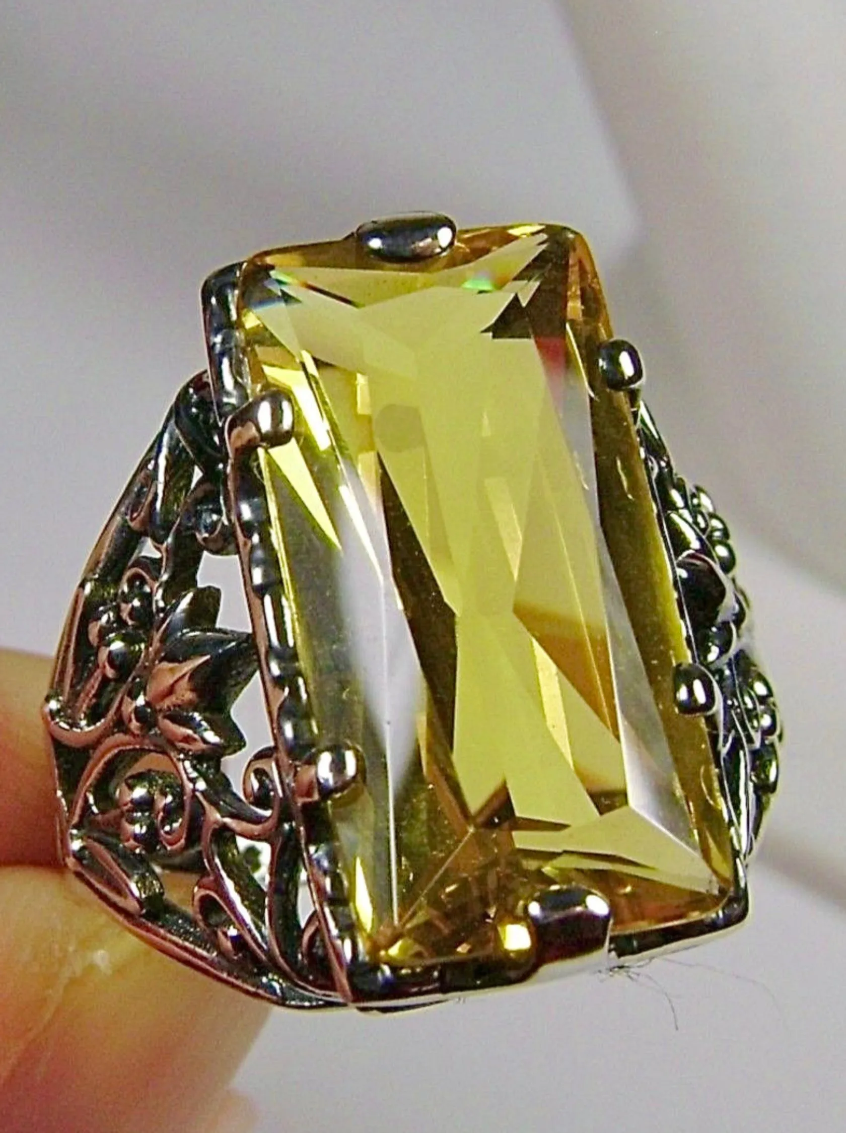 Yellow Citrine Ring, Baguette Gem, Floral Leaf Filigree, Victorian Jewelry, D32