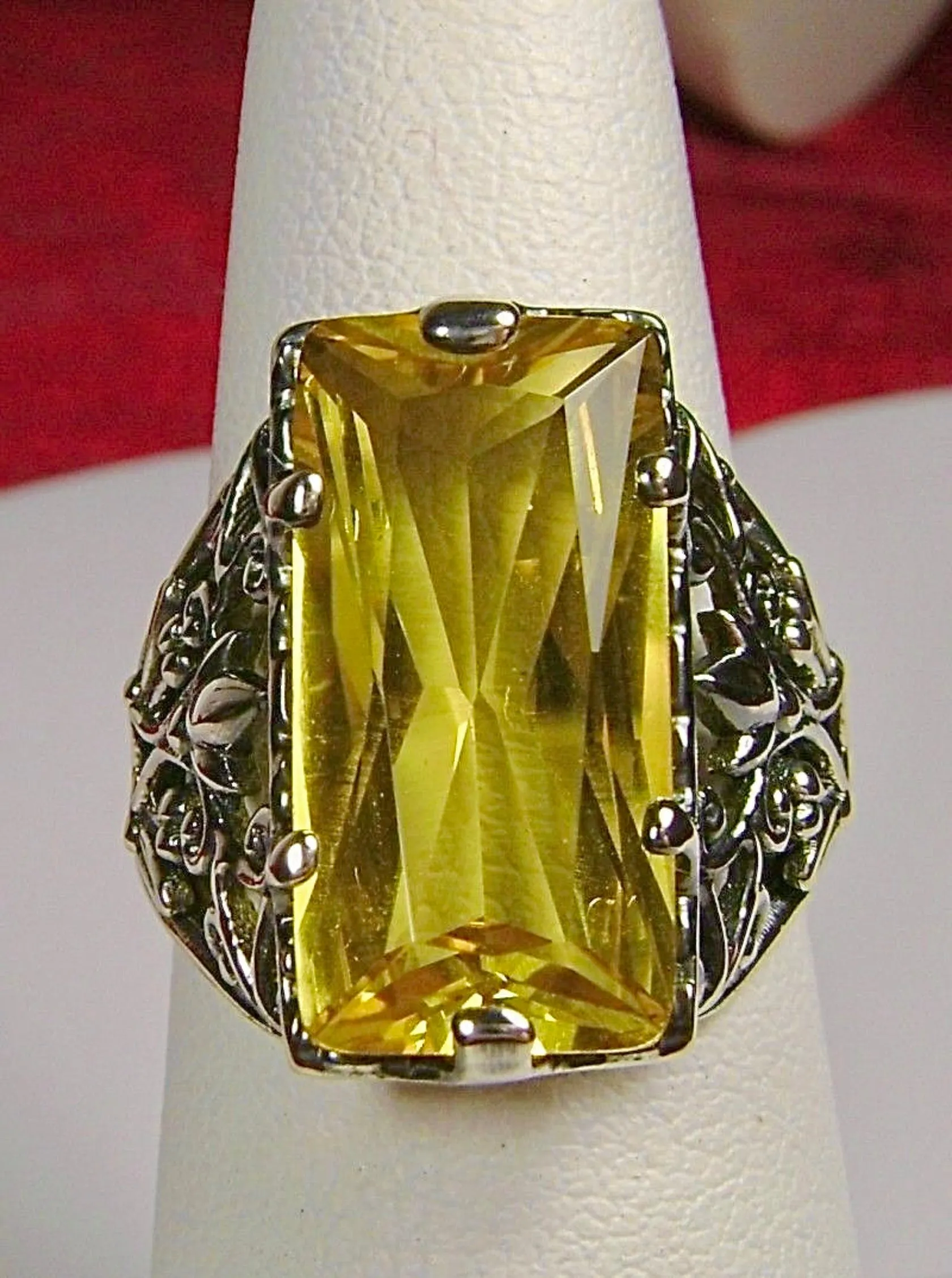 Yellow Citrine Ring, Baguette Gem, Floral Leaf Filigree, Victorian Jewelry, D32