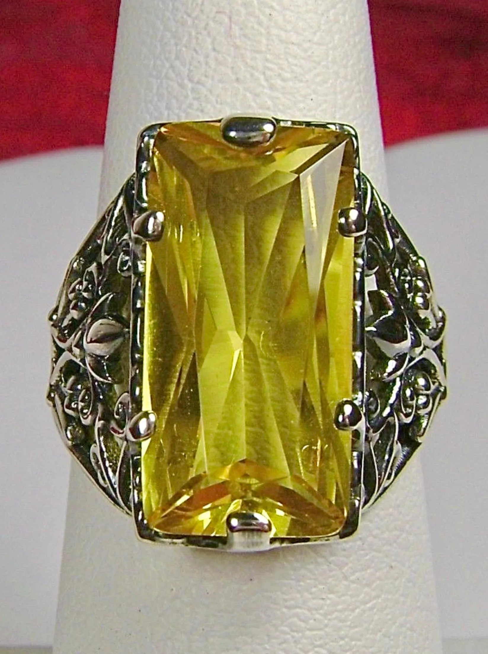 Yellow Citrine Ring, Baguette Gem, Floral Leaf Filigree, Victorian Jewelry, D32