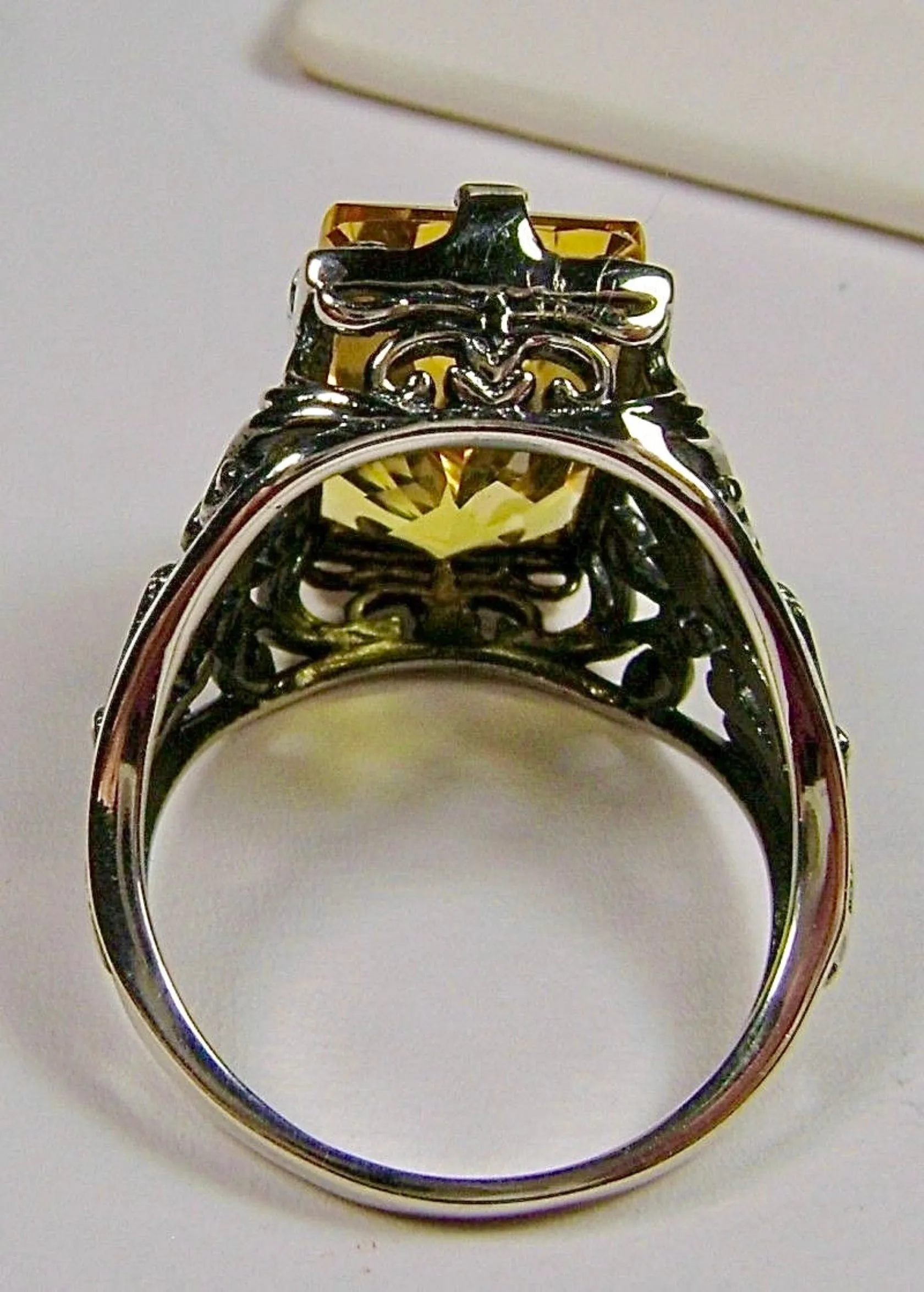 Yellow Citrine Ring, Baguette Gem, Floral Leaf Filigree, Victorian Jewelry, D32